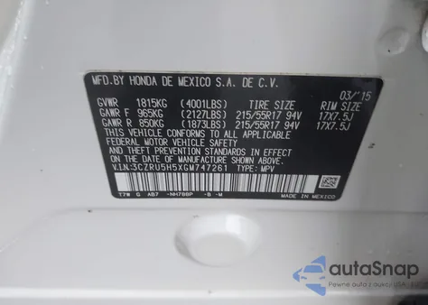 2016 Honda Hr-V Ex z USA, uszkodzony, nr VIN 3CZRU5H5XGM747261